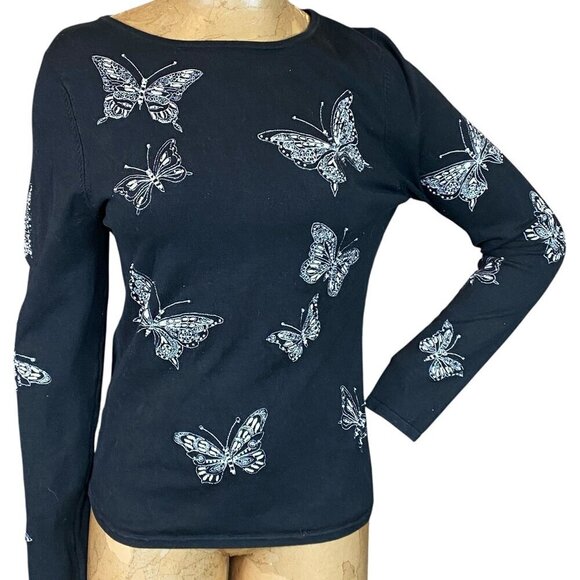 Marisa Christina Black Silk Blend Top Embroidered Beaded Butterfly Pattern M #5K - Picture 2 of 9